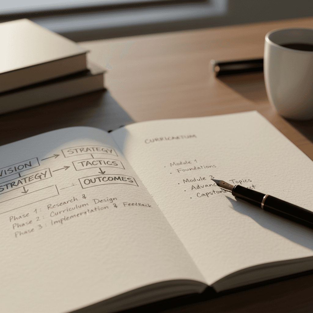 Detailed view of strategic planning notes and curriculum development documentation