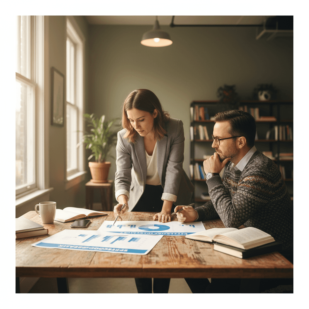 Two professionals reviewing governance and organizational strategy documents together